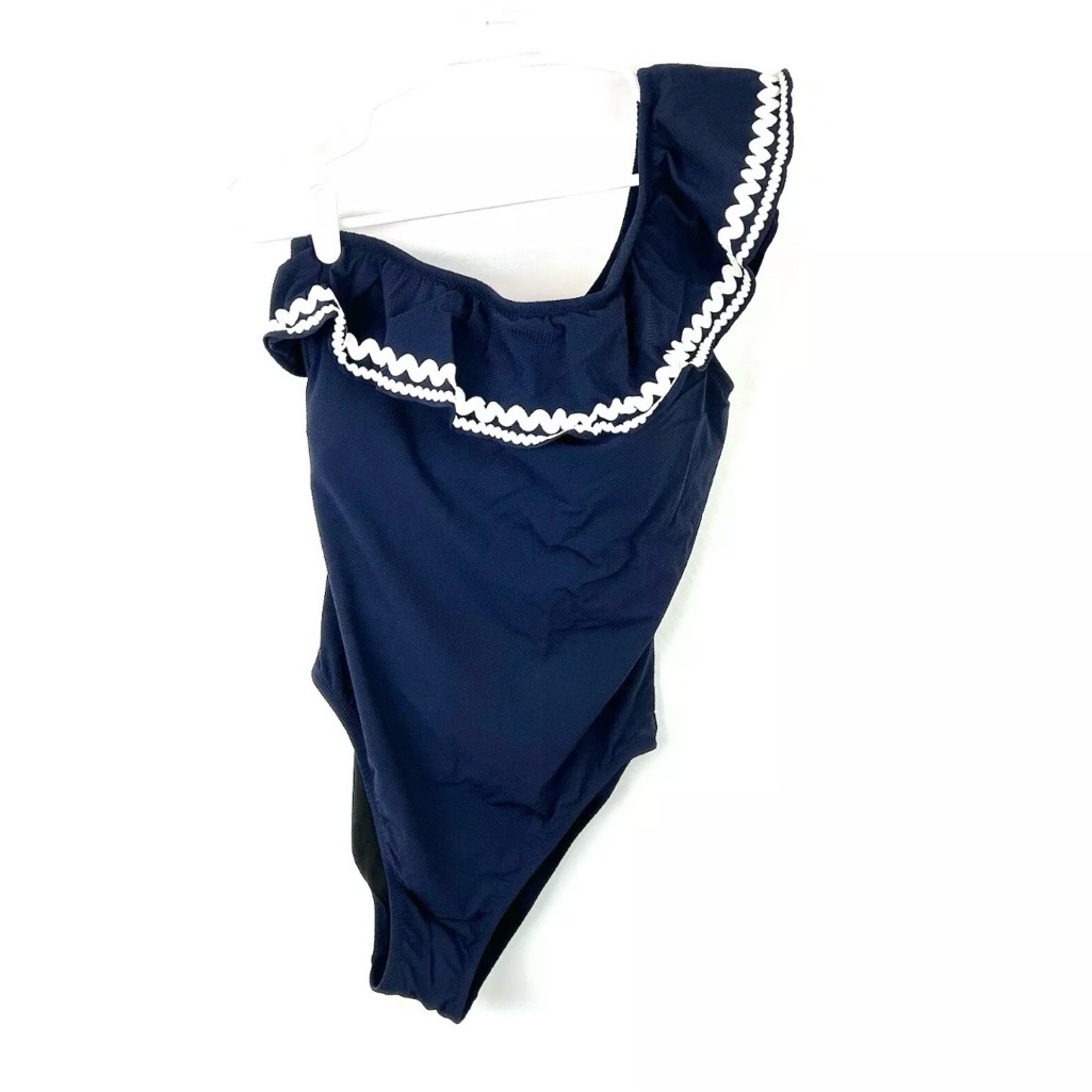 J Crew Women’s Navy Blue One Shoulder Ruffle One Piece Swimsuit Size 8